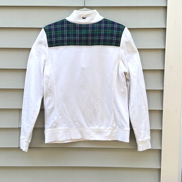 Vineyard Vines Women's 1/4 Zip Pullover Sz Small Cream Plaid Shoulder Preppy - Picture 2 of 6